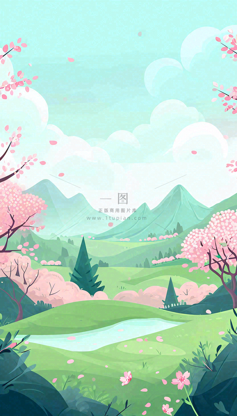 春天卡通手绘绿色的山景和开满粉红色画的树,春游,踏青,春分