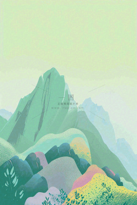 青绿山脉树木小草扁平插画手绘