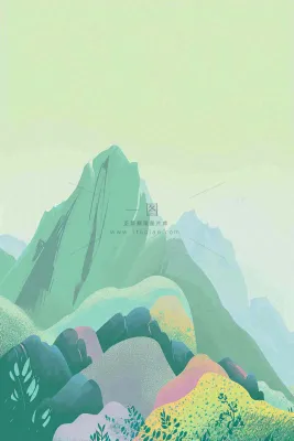 青绿山脉树木小草扁平插画手绘