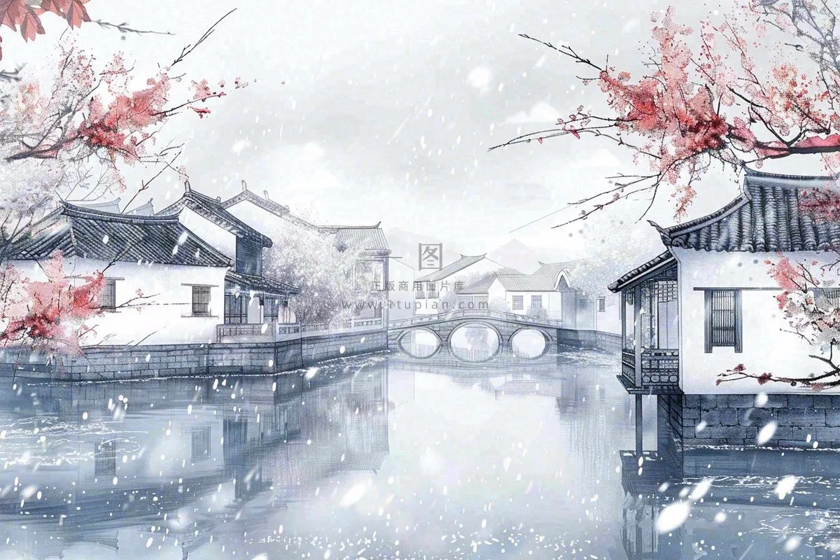 中国江南水乡小镇拱桥梅花小雪安徽冬天寒冷立冬冬至水墨画插画