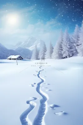 冬季高原雪山木屋雪景摄影图