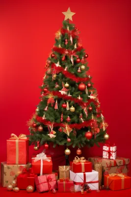 圣诞树礼物节日红色墙摄影图