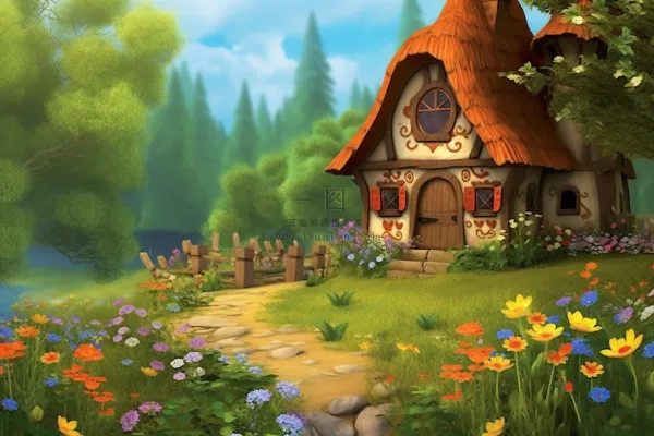 森林里的小房子门前花丛草地石子路卡通插画素材背景 森林里的小房子门前花丛草地石子路卡通插画素材背景