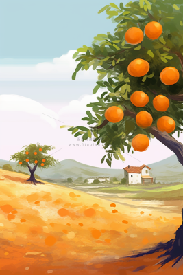 秋季成熟的橘子树遍地金黄远处的小村庄卡通插画素材