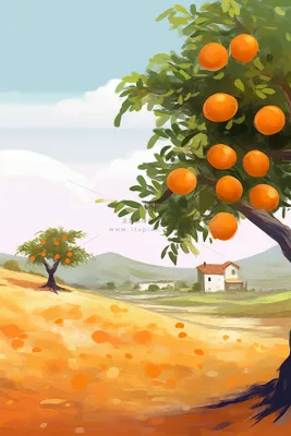 秋季成熟的橘子树遍地金黄远处的小村庄卡通插画素材