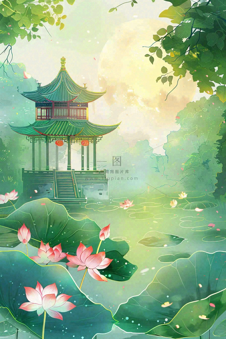 夏日江南苏式园林荷花池塘凉亭树荫阳光立夏夏至处暑插画背景