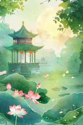 夏日江南苏式园林荷花池塘凉亭树荫阳光立夏夏至处暑插画背景