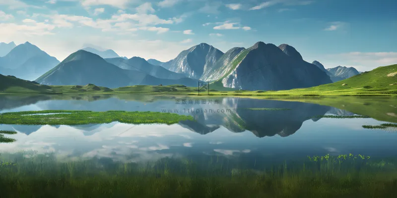 蓝天白云湖泊山峰美景摄影图