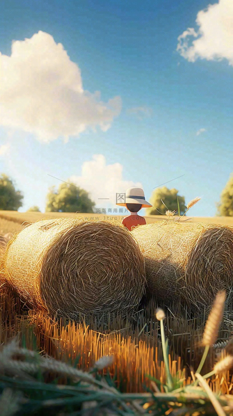 小麦田里秋天人物收割卡通，秋分白露