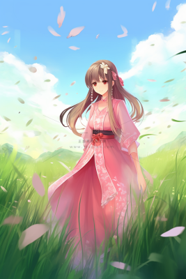 古风少女红裙子在草丛中花瓣纷飞卡通插画