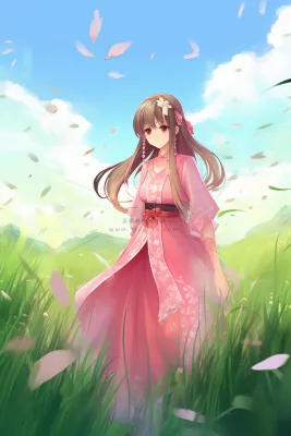 古风少女红裙子在草丛中花瓣纷飞卡通插画