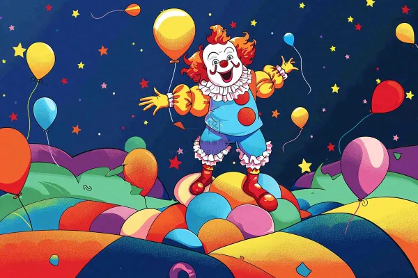 小丑搞怪马戏团游乐园愚人节气球彩带庆祝卡通插画背景