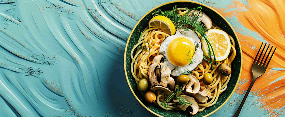 美食方便面鸡蛋意面西餐简餐摄影图