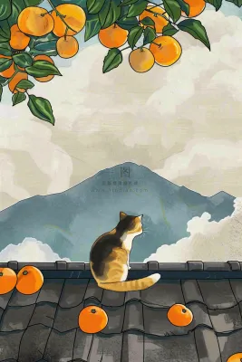 古风屋檐上的橘子树猫咪中国风插画处暑秋分白露插画背景 古风屋檐上的橘子树猫咪中国风插画处暑秋分白露插画背景