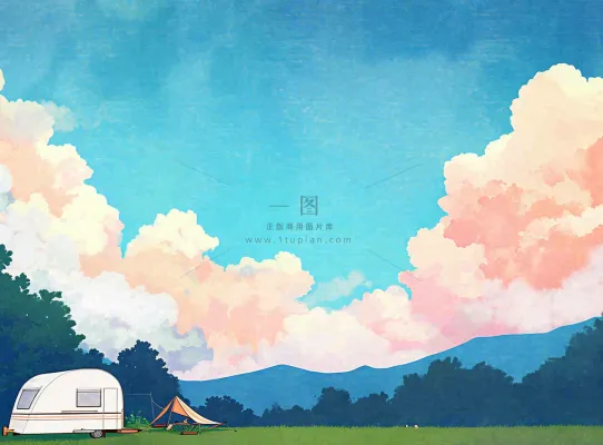 春天夏日清新草坪房车旅行露营玩耍手绘插画