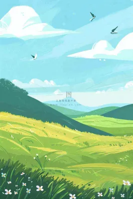 春天春暖花开草原蓝天白云燕子惊蛰春分卡通插画背景 春天春暖花开草原蓝天白云燕子惊蛰春分卡通插画背景