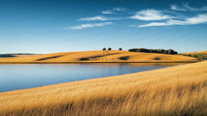 秋天枯黄的草原湖泊大自然风光摄影图