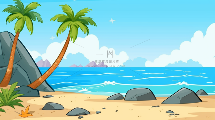 卡通插画海边沙滩礁石椰子树 