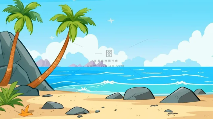 卡通插画海边沙滩礁石椰子树 