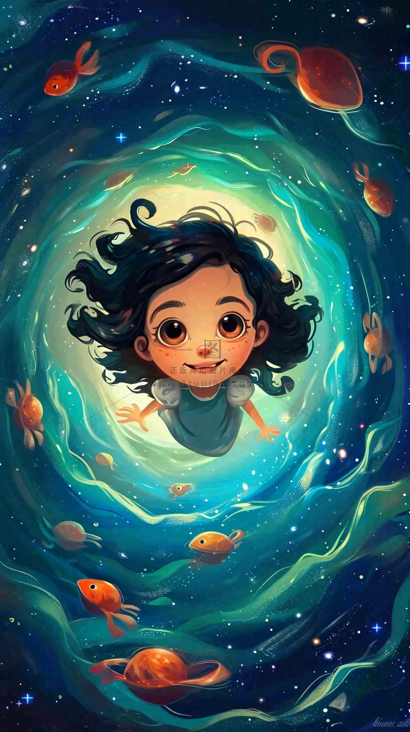 炫酷浪漫海洋海底水底可爱女孩手绘插画，鱼类水母生物