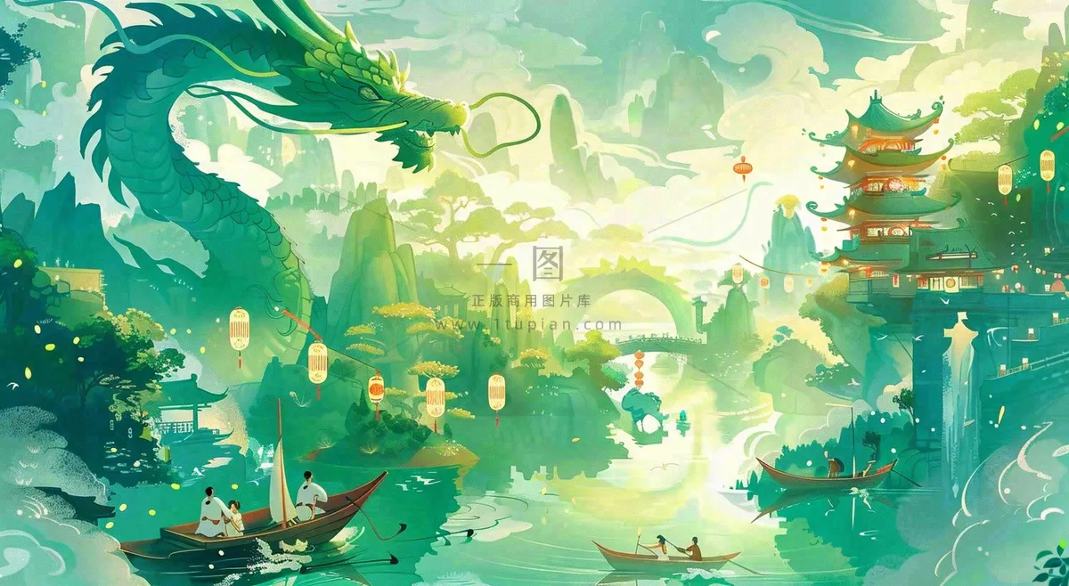 中国风国潮插画龙绿色盛世端午节插画背景