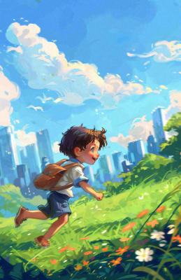 遨游大自然草坪的孩子快乐儿童节卡通插画背景 遨游大自然草坪的孩子快乐儿童节卡通插画背景