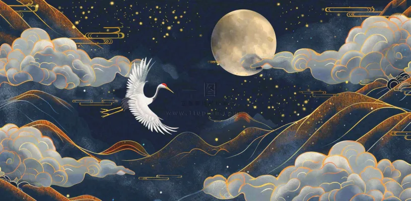 国潮山水中国风手绘祥云仙鹤插画古风唯美山水风景动物蓝金背景 国潮山水中国风手绘祥云仙鹤插画古风唯美山水风景动物蓝金背景