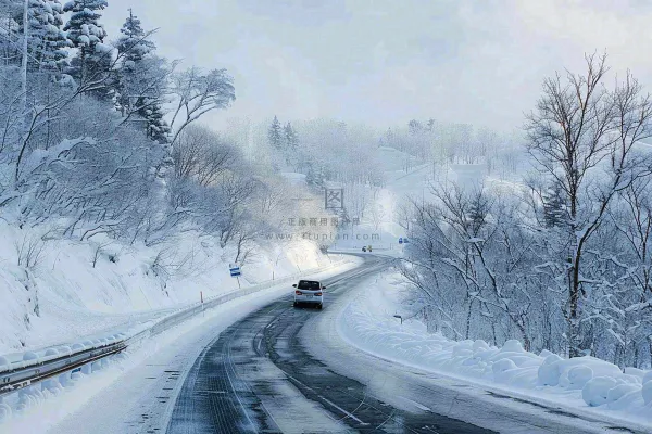 冬天雪山山区公路行驶的汽车白雪覆盖寒冷摄影图