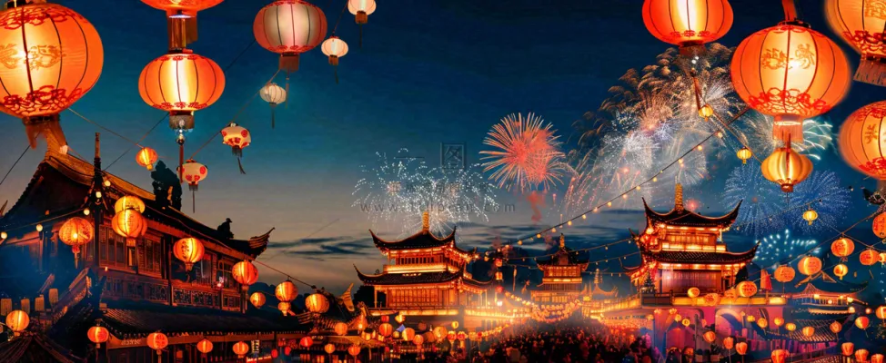 新年节日京城灯火灯笼烟花爆竹盛世国风小年除夕元宵节插画背景