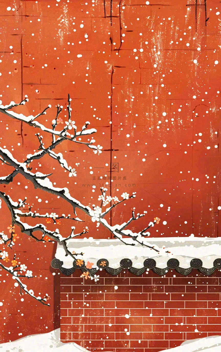 红色宫墙高处梅花枝条小雪大雪冬至古风中国风插画背景