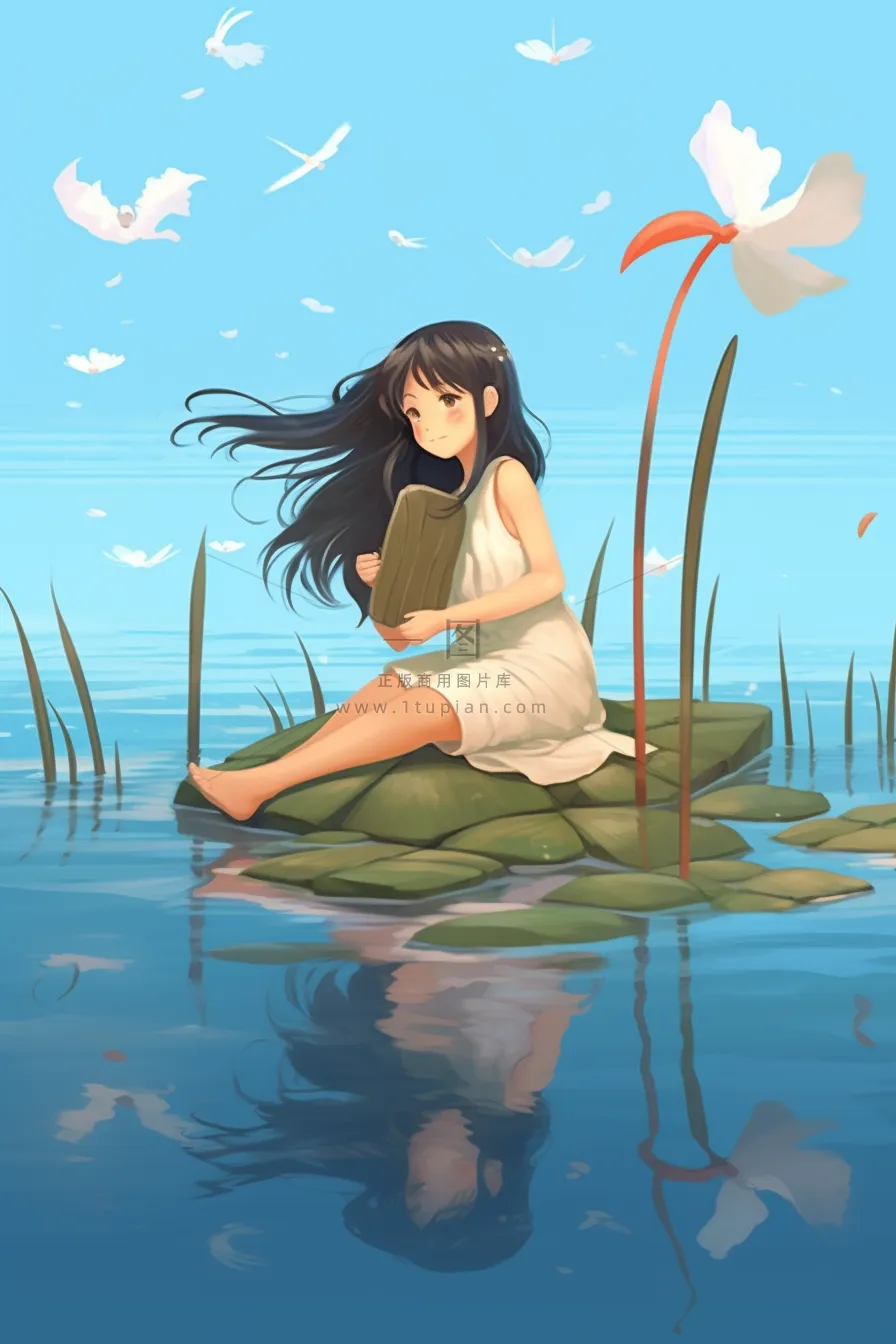 少女坐着湖中叶子上玩耍蓝色背景卡通插画