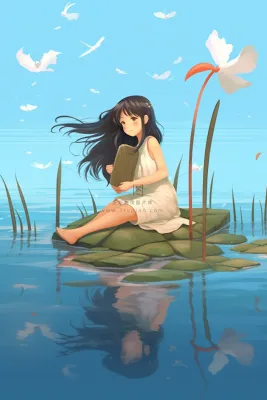 少女坐着湖中叶子上玩耍蓝色背景卡通插画