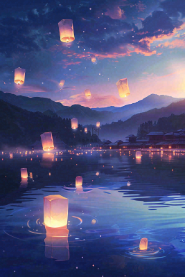 夜晚点灯孔明灯祈福中元节寒衣节插画背景 夜晚点灯孔明灯祈福中元节寒衣节插画背景