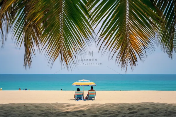 夏日沙滩海边椰树摄影图