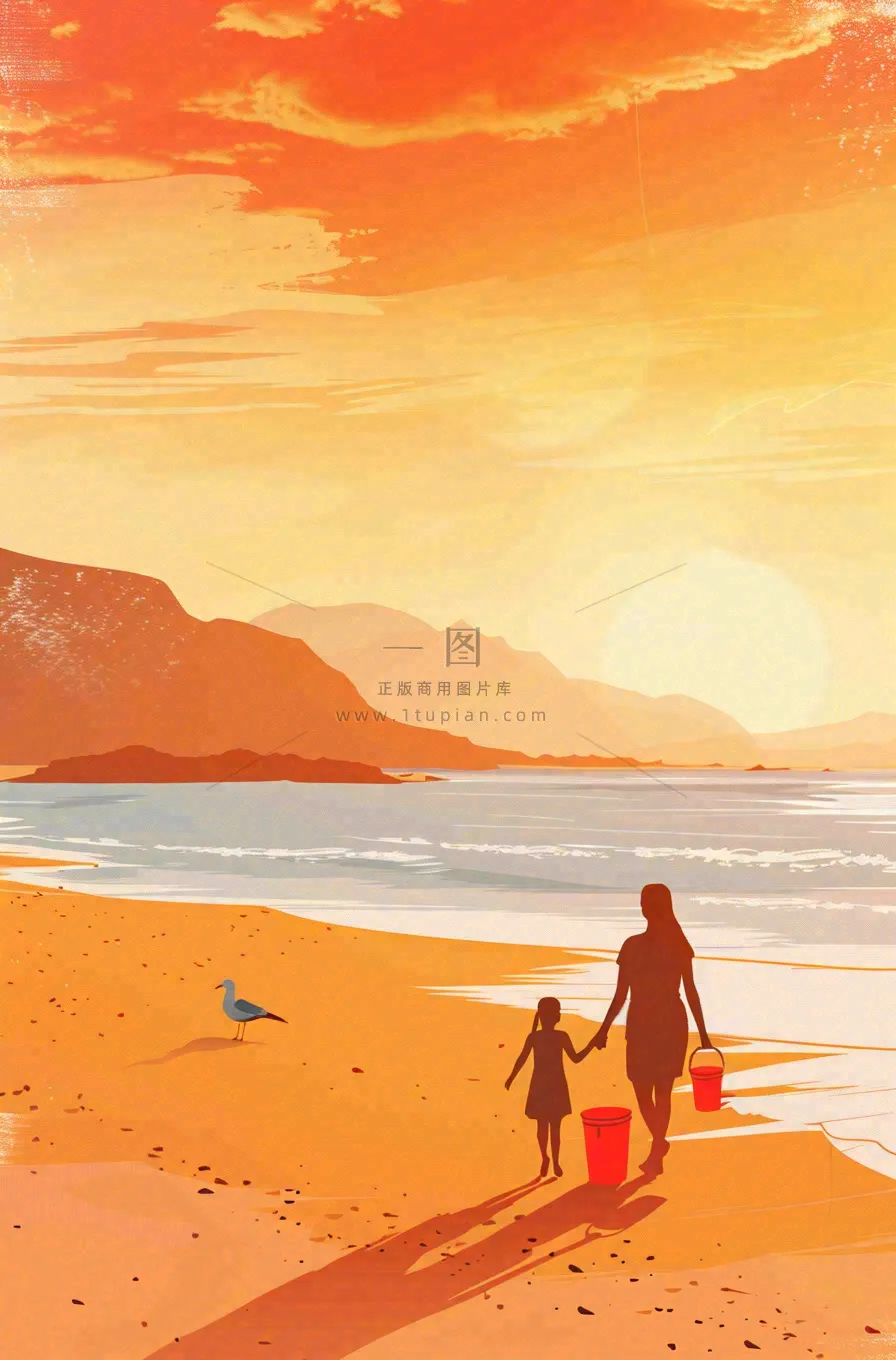 夕阳晚霞下的海洋沙滩亲子散步母亲节插画背景