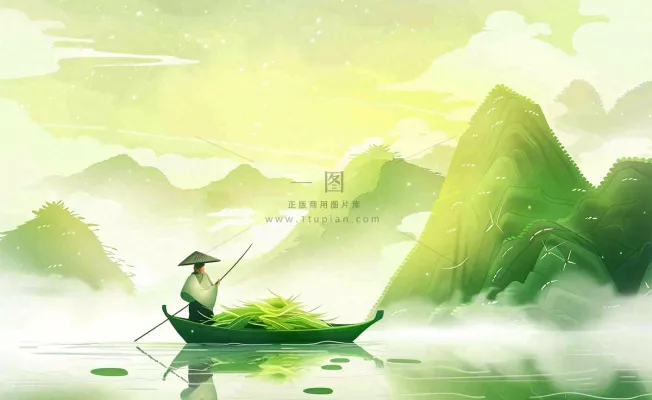端午时节青山绿水泛舟竹叶中国风插画背景 端午时节青山绿水泛舟竹叶中国风插画背景