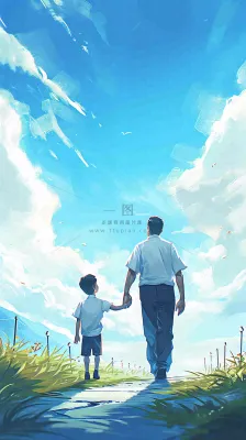 蓝天白云下父亲牵着手,父爱背影亲情伟大感恩 蓝天白云下父亲牵着手,父爱背影亲情伟大感恩