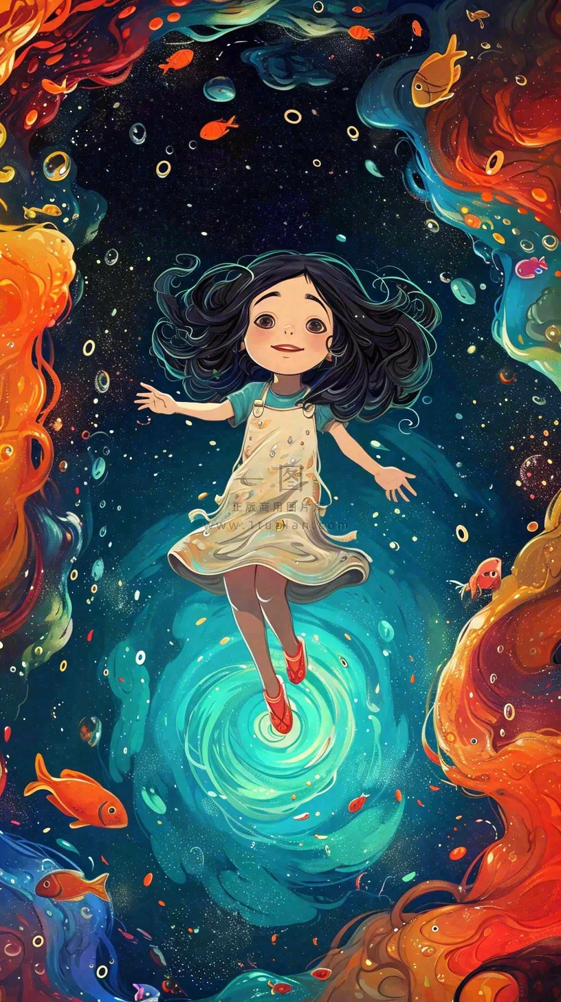 炫酷浪漫海洋海底水底可爱女孩手绘插画，鱼类水母生物