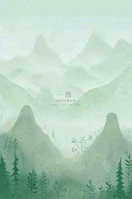 青绿山脉树木小草扁平插画手绘