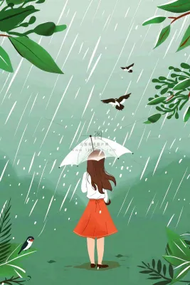 春天梅雨季红色女孩打雨伞户外绿色植物雨水谷雨卡通插画背景
