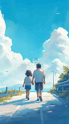 蓝天白云下父亲牵着手,父爱背影亲情伟大感恩 蓝天白云下父亲牵着手,父爱背影亲情伟大感恩