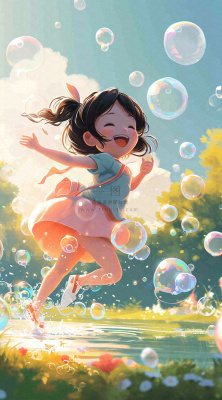 春天夏天女孩草地玩耍，阳光白云气泡可爱插画