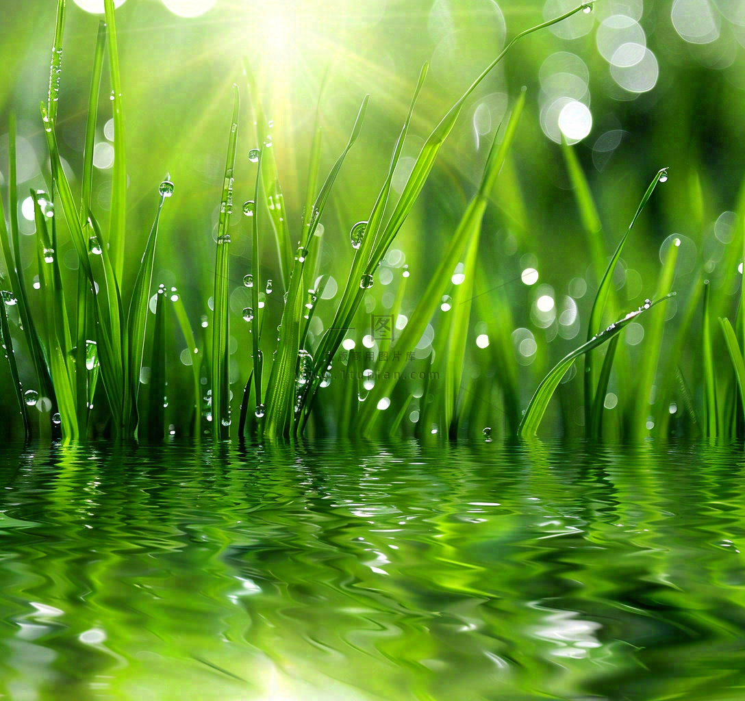 雨天草地上的积水绿叶上挂着水滴春天春分雨水谷雨摄影图