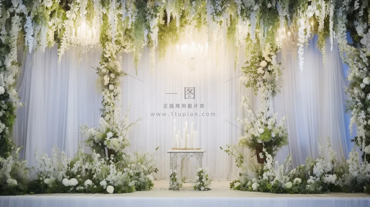 白色鲜花婚礼布置现场背景板摄影图