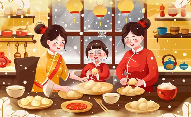 全家福彩色卡通手绘春节除夕初一全家人包饺子包子年夜饭冬至温馨插画背景