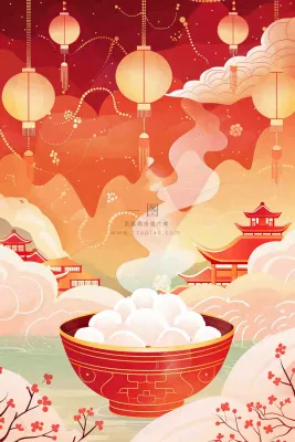 元宵节汤圆节日灯笼红色喜庆插画背景