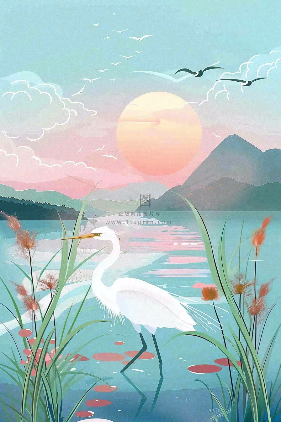 秋日芦苇荡的白鹭湖泊山水日落白露寒露插画背景