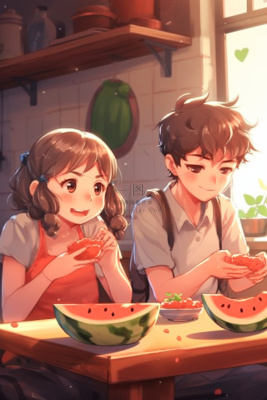 夏日卡通插画儿童吃西瓜动漫风背景 夏日卡通插画儿童吃西瓜动漫风背景