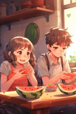夏日卡通插画儿童吃西瓜动漫风背景 夏日卡通插画儿童吃西瓜动漫风背景