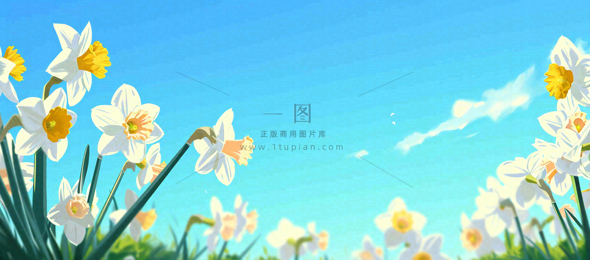 春天清新草地小花蓝天白云，鲜花向阳手绘插画